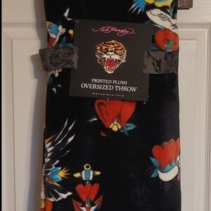 Ed Hardy Printed Plush Oversized Throw - Black with Red & Blue Hearts